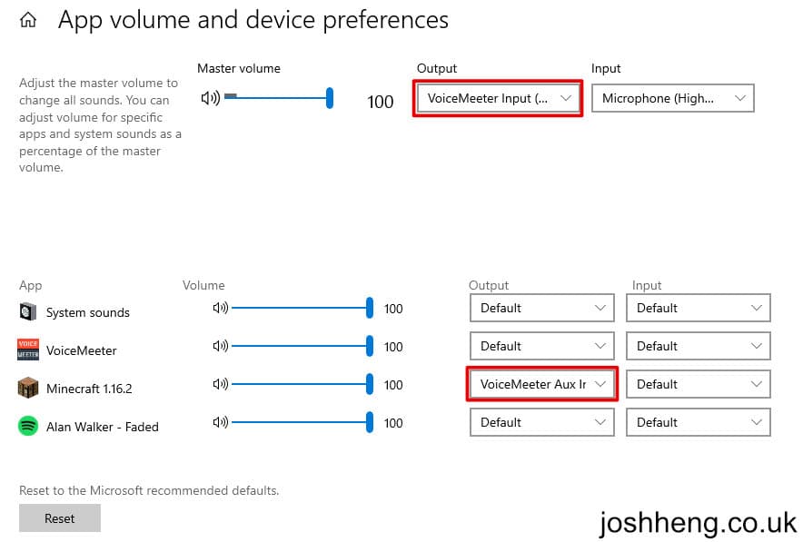 A screenshot of App volume and device preferences with the master and Minecraft outputs highlighted