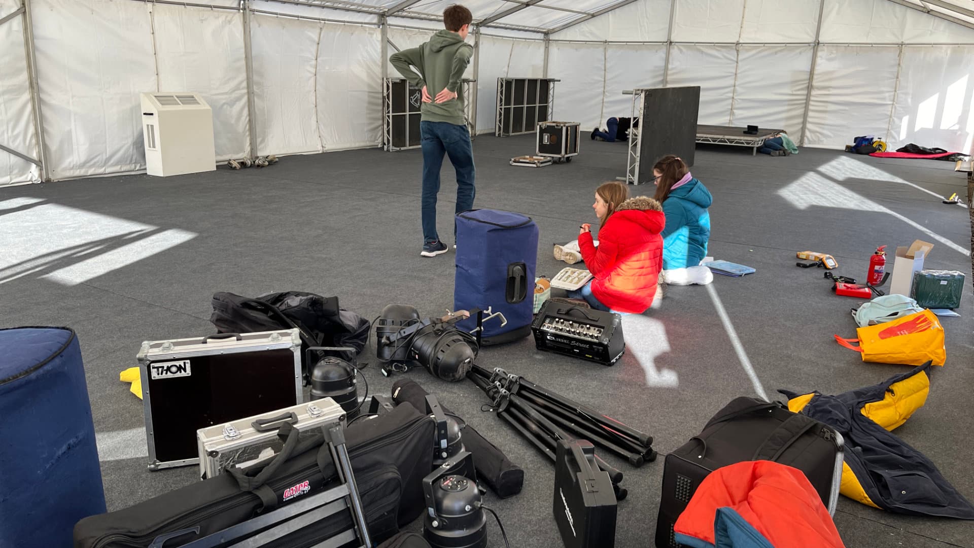 A pile of our equipment in the marquee