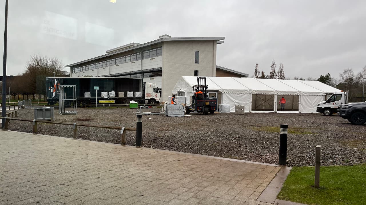 The bare interior of the marquee during setup