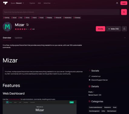 Mizar on a Discord Bot List