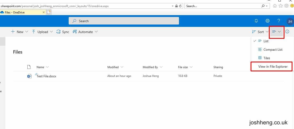 A screenshot of opening the OneDrive folder in file explorer