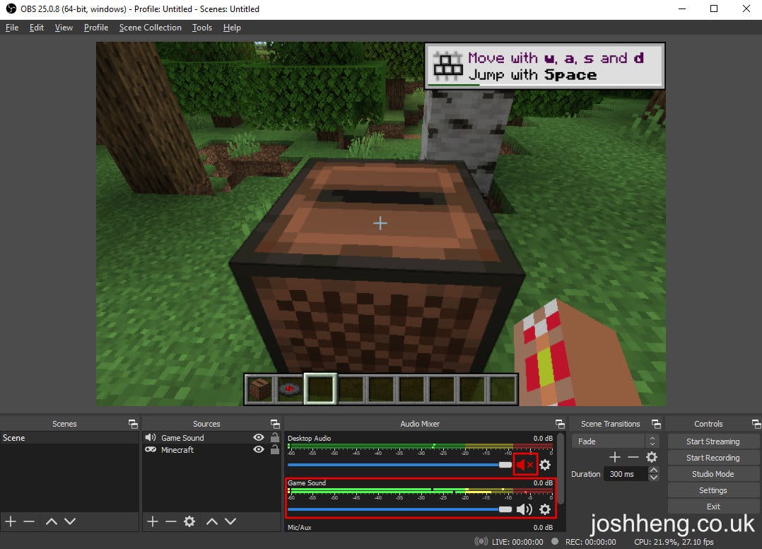 A screenshot of OBS with the Audio Mixer highlighted