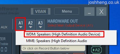 A screenshot of Voicemeeter with the A1 button and WDM Speakers option highlighted