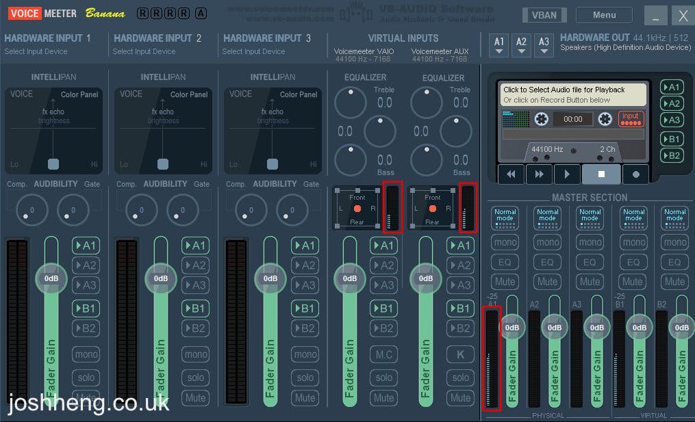 A screenshot of Voicemeeter with the fader indicators highlighted